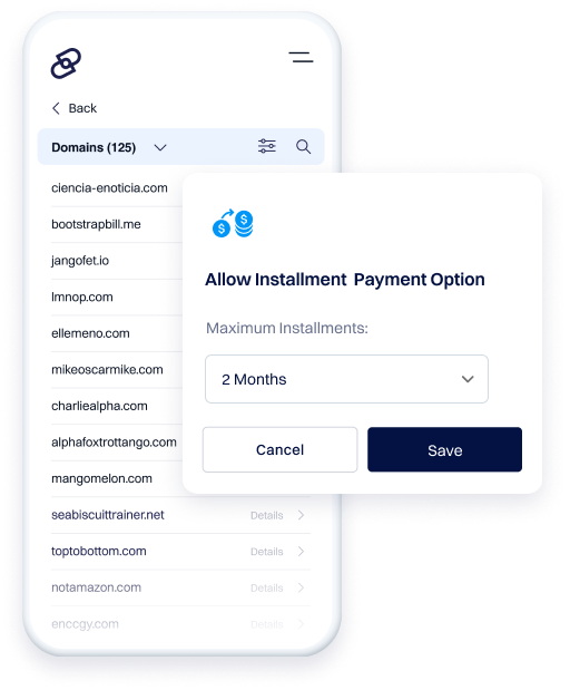 user setting their domain name for sale on smartphone and selecting the two month maximum installments option
