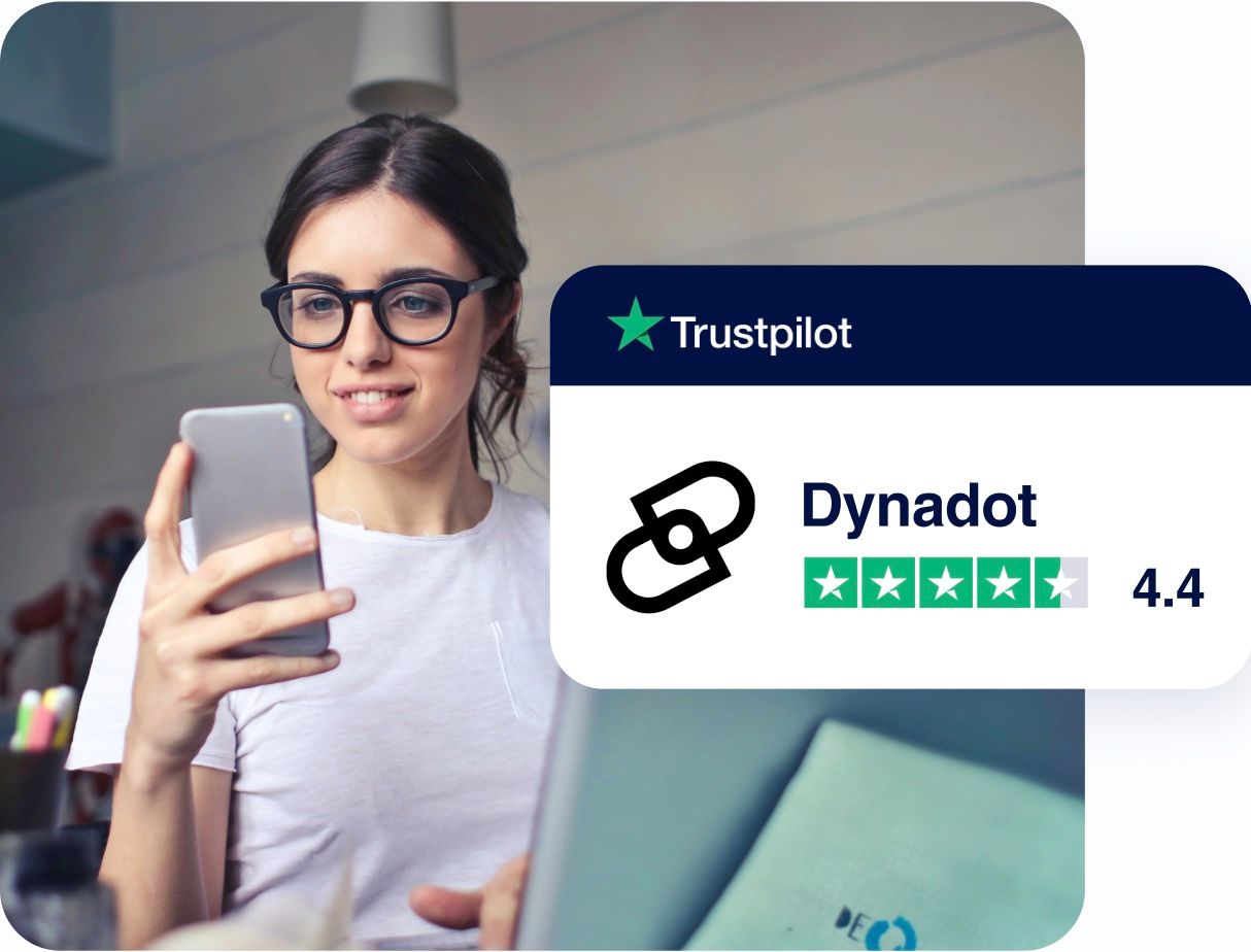 young lady with glasses checking her phone with dynadot trustpilot rating placed over the image