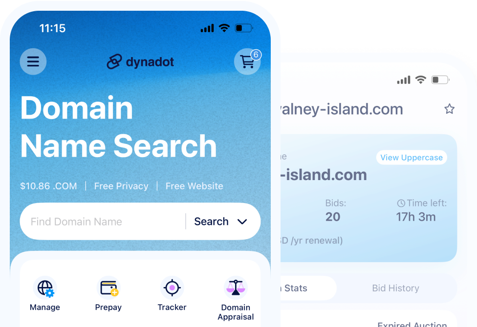 two smartphones displaying Dynadot app domain search and the Dynadot aftermarket