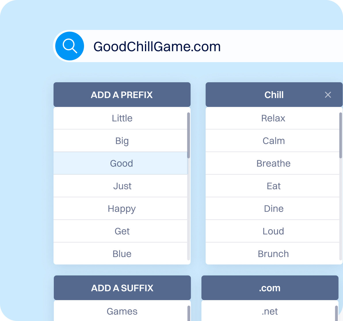 Domain name generator interface with prefix, keyword, and suffix filters applied to create suggestions.