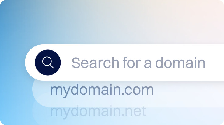 Domain search bar with placeholder text “Search for a domain” and example query mydomain.com.