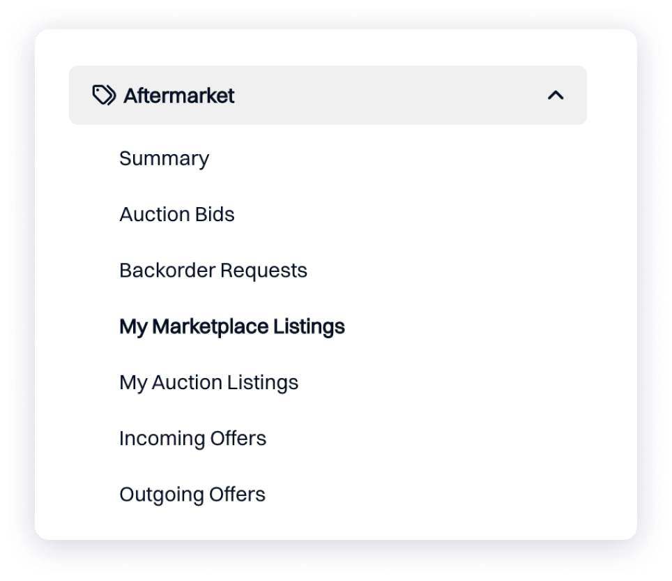 Dynadot Aftermarket navigation panel with links to marketplace listings, auction listings, incoming offers, and outgoing offers.
