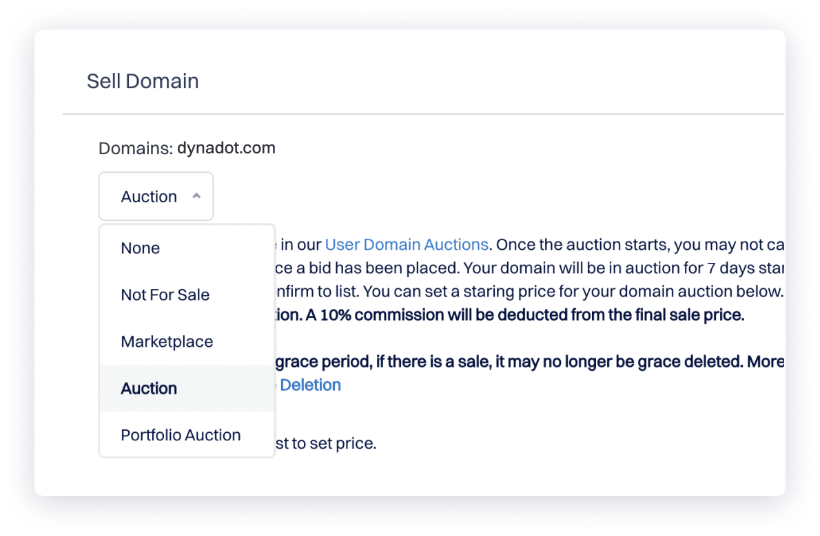 Dynadot Sell Domain interface displaying the auction listing dropdown with options including Not For Sale, Marketplace, Auction, and Portfolio Auction.
