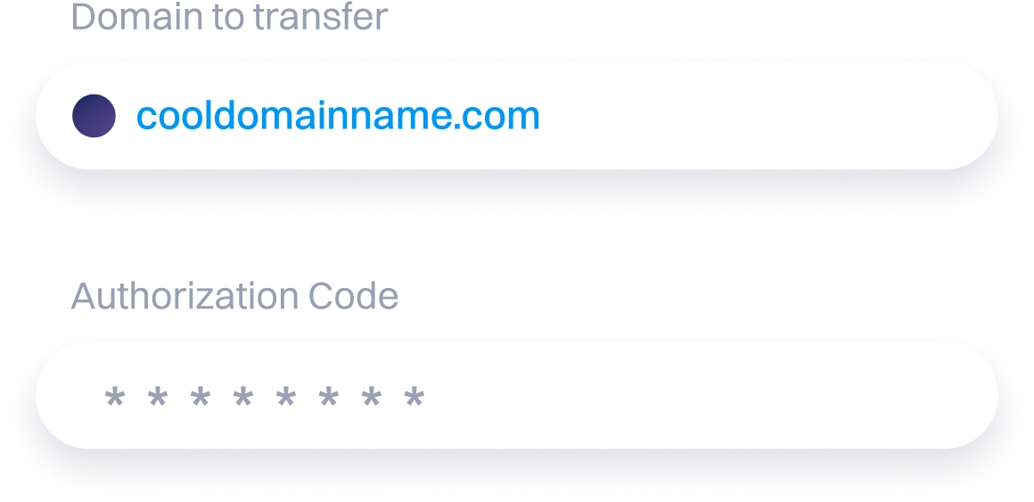 Grafik mit zwei Formularfeldern für eine Domain-Übertragung: eines mit der Bezeichnung „Zu übertragende Domain“ mit cooldomainname.com und eines mit der Bezeichnung „Autorisierungscode“, wobei der Code durch Sternchen maskiert ist.