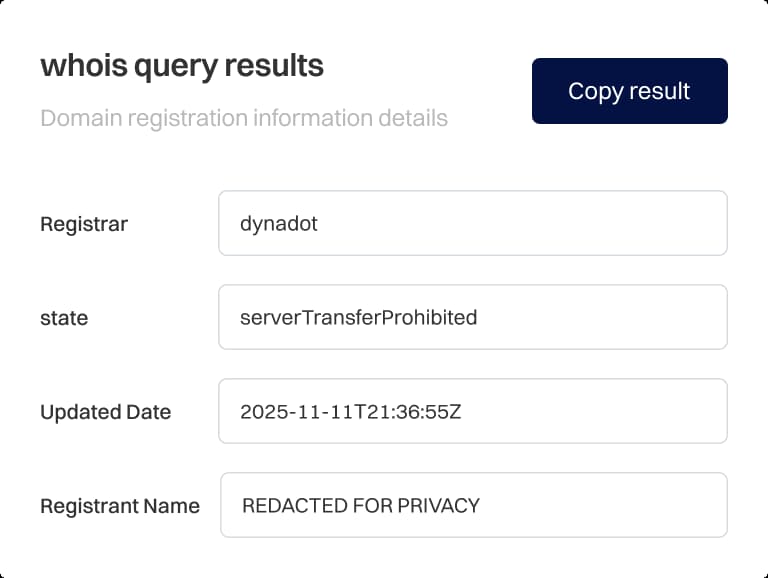 Graphic of a WHOIS lookup result showing domain registration details in a table layout with headings such as Domain Name, Registrar, Registrant, Updated, Created, and Expires—illustrating how WHOIS displays key domain record information after a lookup.