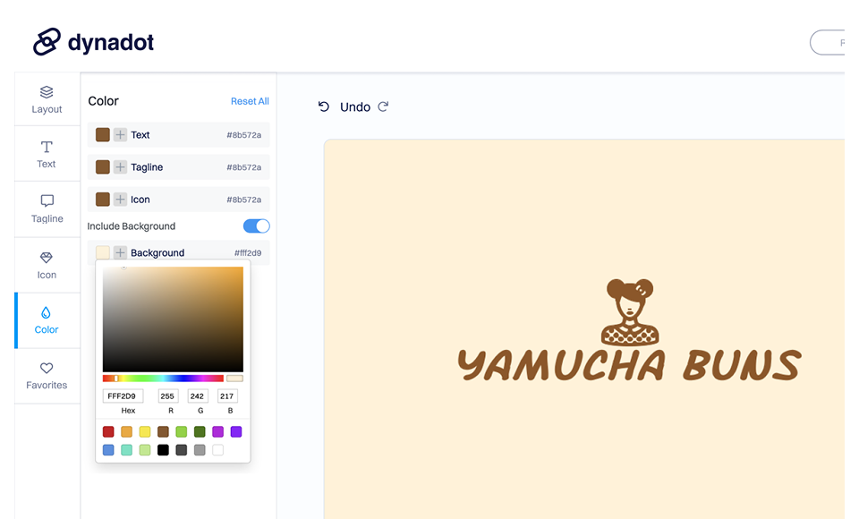 Screenshot des Dynadot-Logo-Builders mit Farbanpassungsoptionen auf der linken Seite, einschließlich Text-, Slogan-, Symbol- und Hintergrundfarbwählern, und einer Logovorschau auf der rechten Seite, die den Markennamen „YAMUCHA BUNS“ und ein stilisiertes Charaktersymbol auf hellem Hintergrund zeigt.