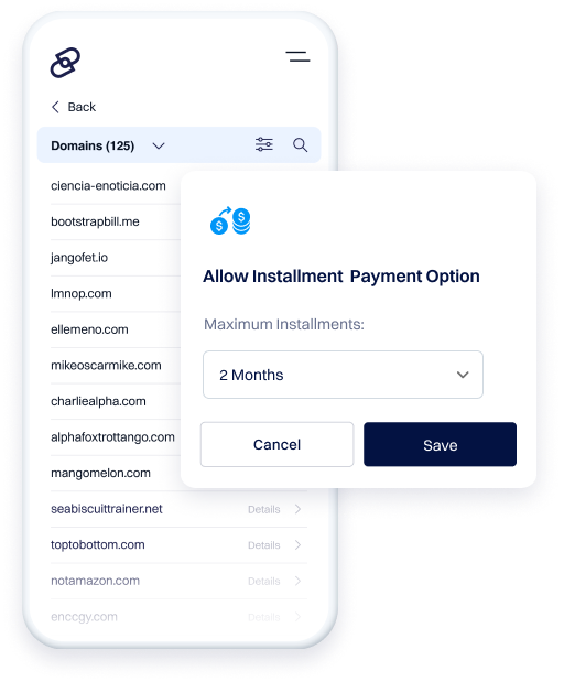 user setting their domain name for sale on smartphone and selecting the two month maximum installments option