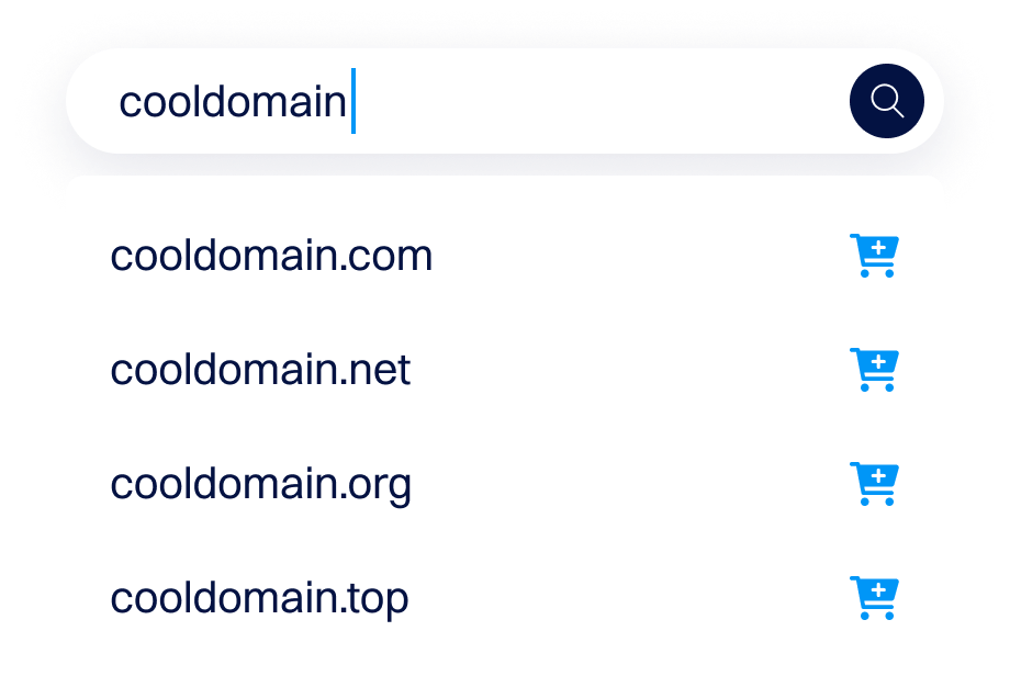Mock domain search interface showing "cooldomain" typed in a search bar, with suggested results (cooldomain.com, .net, .org, .top) and blue add-to-cart icons beside each option.