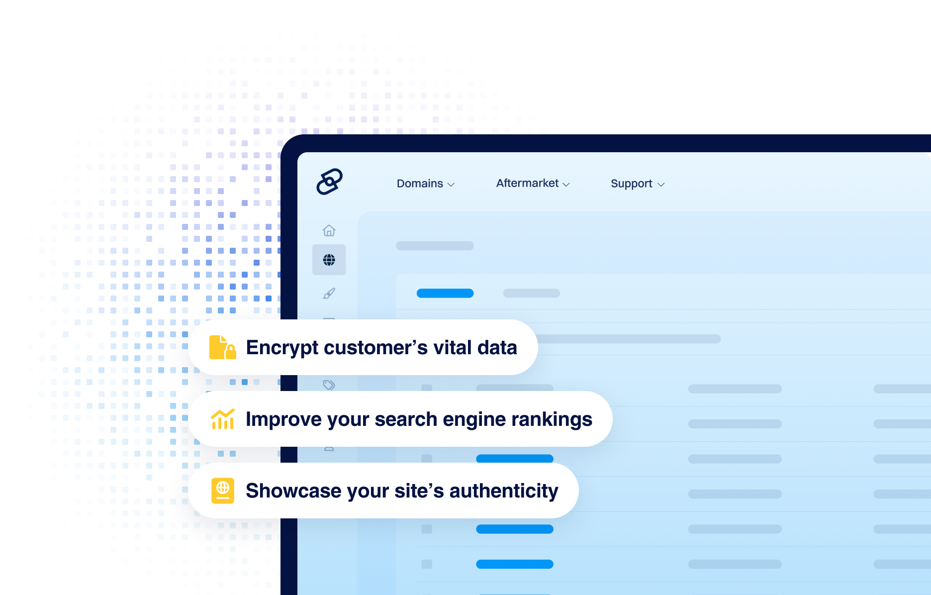 Illustration eines Dynadot-Web-Dashboards mit hervorgehobenen Callouts, die die Vorteile von Website-Sicherheit und Vertrauen betonen, einschließlich Symbolen und Text wie „Verschlüsseln Sie die wichtigen Daten Ihrer Kunden“, „Verbessern Sie Ihr Suchmaschinenranking“ und „Zeigen Sie die Authentizität Ihrer Website“, dargestellt neben einem stilisierten Admin-Panel-Hintergrund.