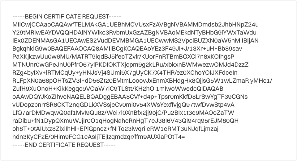 Textansicht eines Certificate Signing Request (CSR) mit einem Block codierter Zertifikatsdaten zwischen „BEGIN CERTIFICATE REQUEST“ und „END CERTIFICATE REQUEST“, verwendet zur SSL-Zertifikatserstellung.