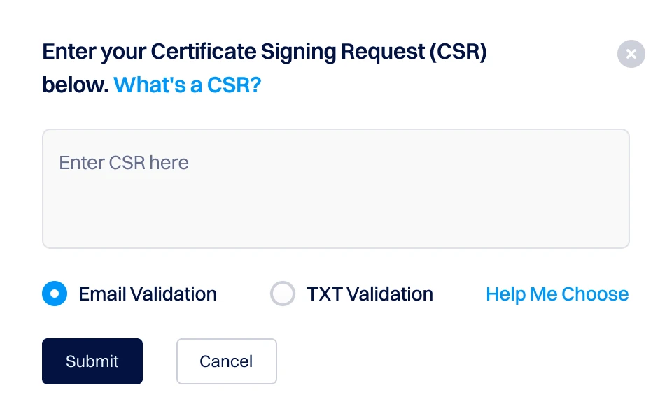 Dialog zur Einreichung eines Certificate Signing Request (CSR) mit einem Textfeld zum Einfügen eines CSR, Optionen für E-Mail- oder TXT-Validierung und Schaltflächen zum Senden oder Abbrechen der SSL-Zertifikatsanfrage.