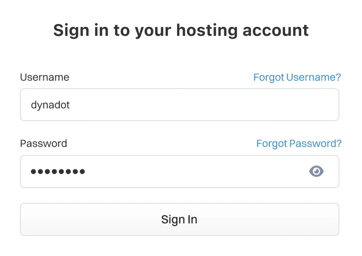 Anmeldebildschirm für ein Hosting-Konto mit einem Anmeldeformular mit Benutzername- und Passwortfeldern, Links zum Wiederherstellen eines vergessenen Benutzernamens oder Passworts und einer „Anmelden“-Schaltfläche.