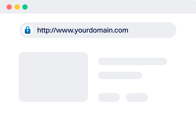 Browserfenster-Mockup, das eine Website mit einer sicheren Adressleiste, einem Schlosssymbol und der Beispiel-URL „http://www.yourdomain.com“ zeigt, mit Platzhalter-Inhaltsblöcken, die ein gesichertes Webseiten-Layout darstellen.