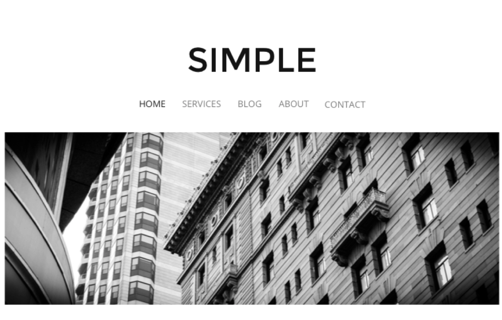 design de modelo de site minimalista com uma grande navegação e uma imagem de cabeçalho com edifícios
