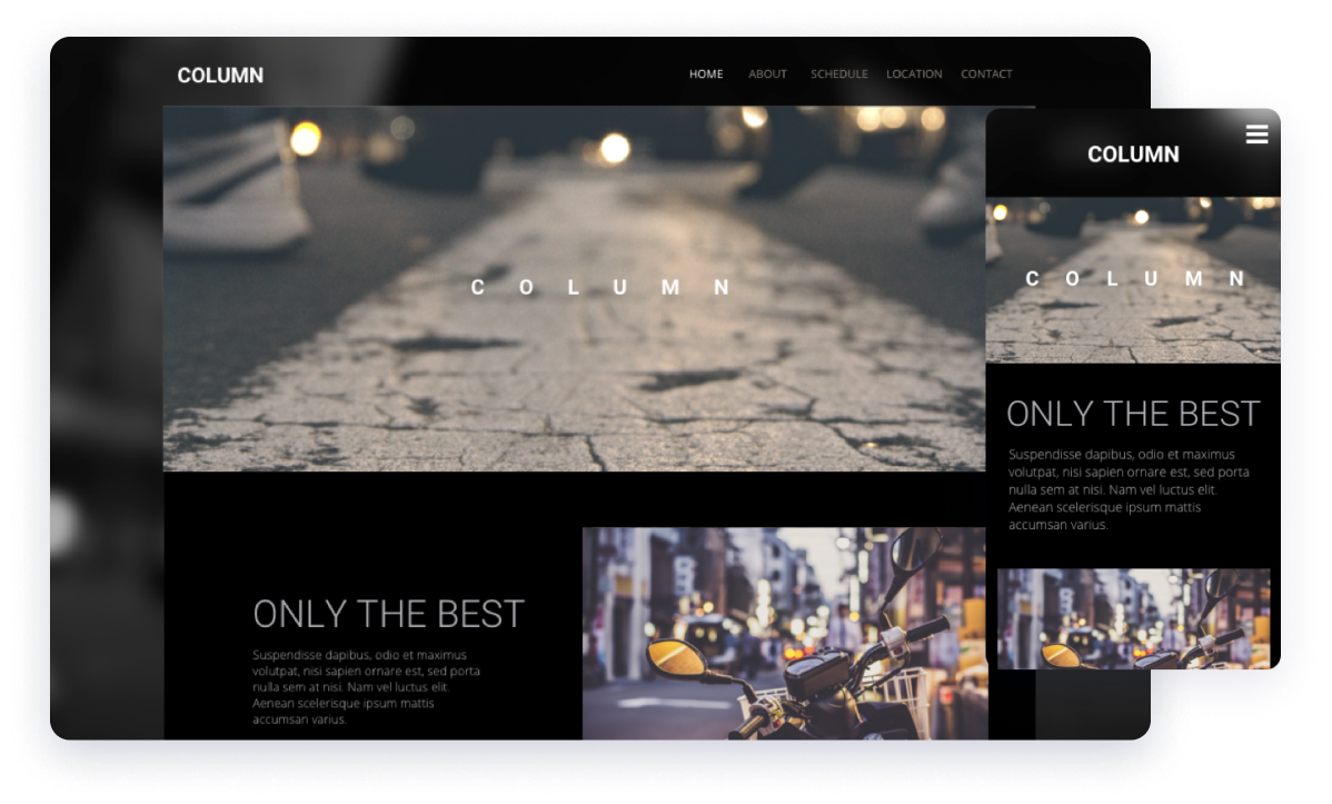 modelo de site de coluna com uma grande imagem de cabeçalho de uma linha na calçada usada para colunas de notícias e artigos e a versão móvel