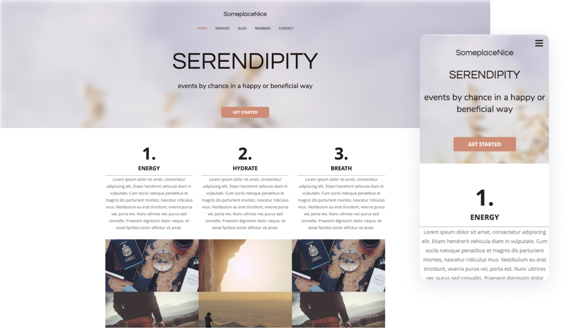 modelo de site de serendipidade com uma imagem de cabeçalho estreita com colunas de conteúdo para organizar o texto e a versão móvel