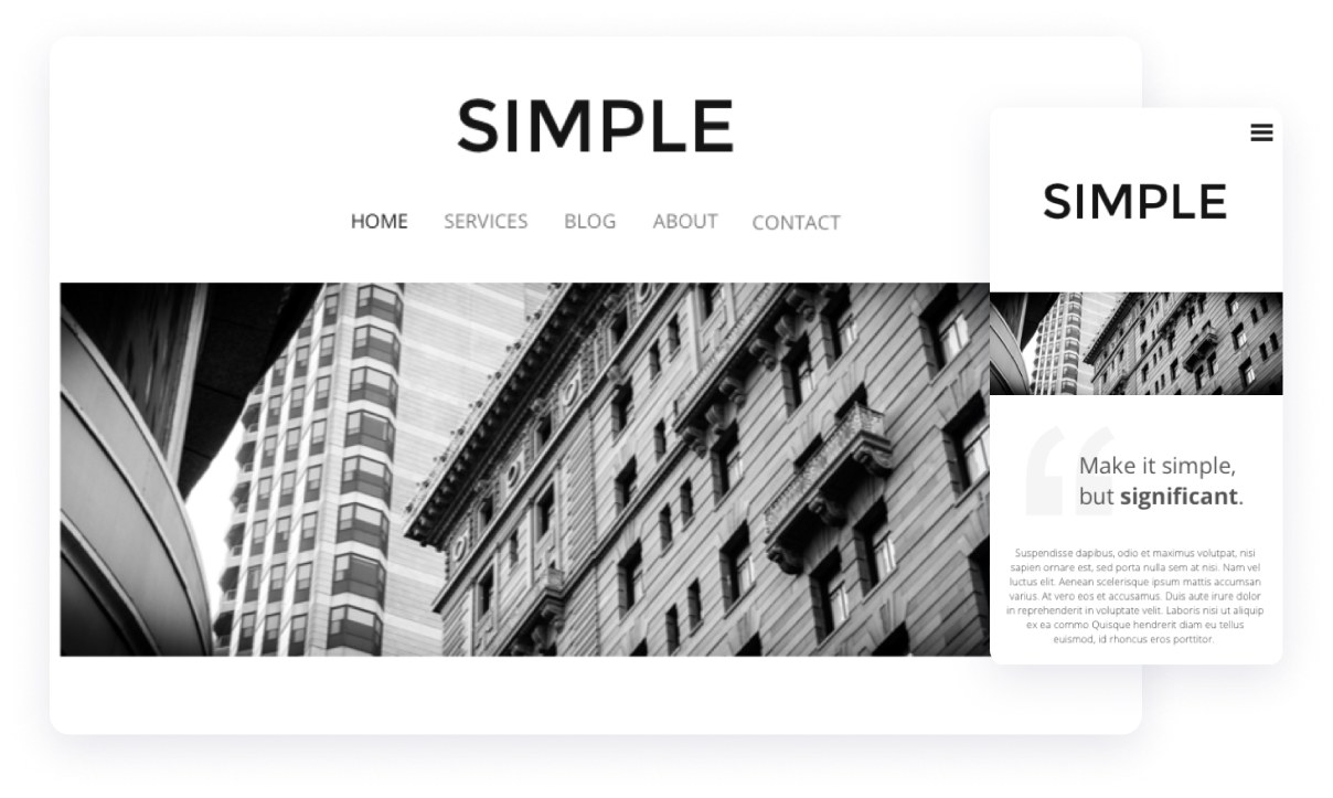 design de modelo de site minimalista simples com uma navegação grande e uma imagem de cabeçalho com edifícios e a versão móvel
