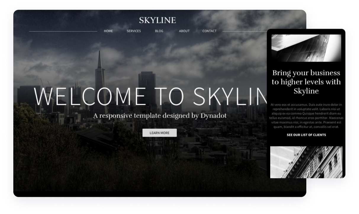 modelo de site skyline com bela imagem de um horizonte urbano com texto grande dando as boas-vindas aos usuários e a versão móvel