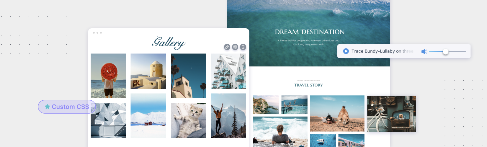 colagem exibindo ferramentas do construtor de sites dynadot, como galeria de imagens, css personalizado e integração de áudio